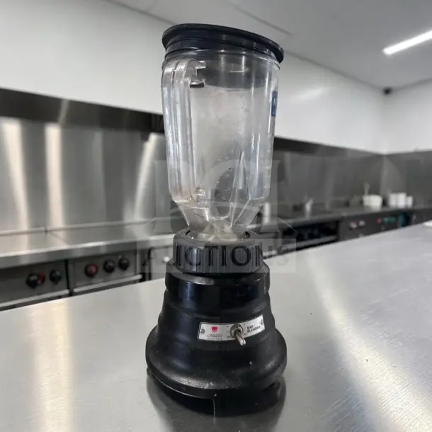 Waring BB150 Commercial Blender, 48 oz, two-speed, ½ HP, in superb condition, fully operational, on stainless steel counter.