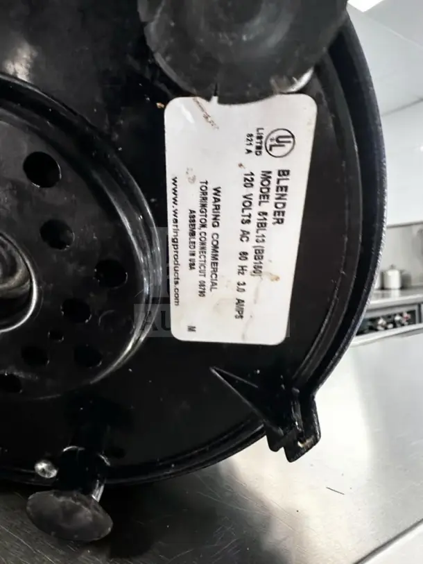 Waring Commercial BB150 blender, 48 oz capacity, two-speed, superb condition. Model label shows 120V, UL listed.