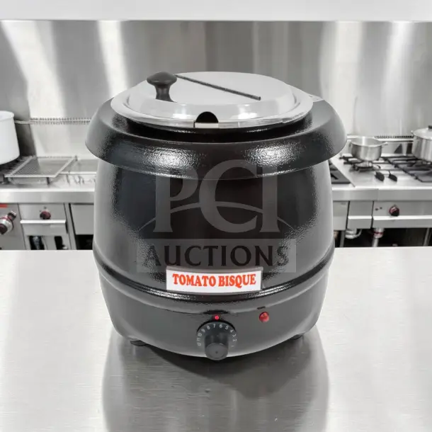 Winco ESW-66 10 Qt Deluxe Soup Warmer, adjustable thermostatic control, labeled "Tomato Bisque," fully operational, 400W.