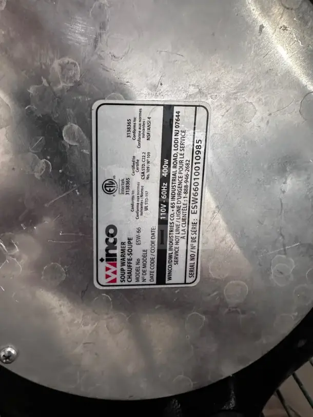 Winco ESW-66 10 Qt Deluxe Soup Warmer, 400W, adjustable thermostatic control, label details model and serial number.