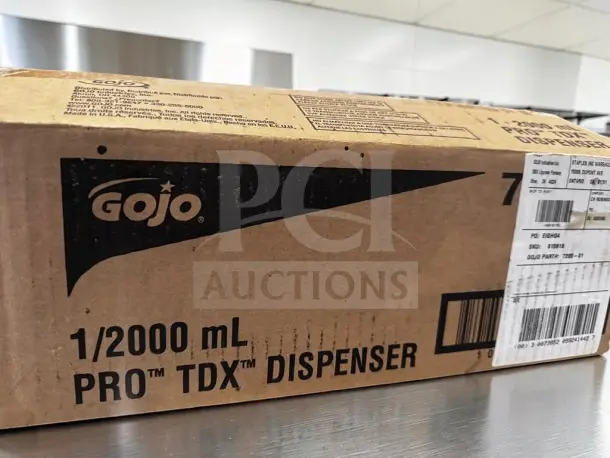 GOJO 7200-01 PRO TDX 2000 soap dispenser box, 2,000 mL capacity, new condition, labeled for wall-mount installation.