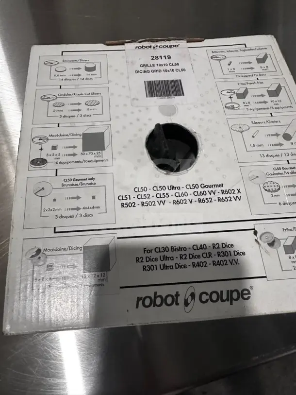 Pristine Robot-Coupe 28119 dicing grid, 3/8" size, new condition, OEM, shown in original packaging with model info.