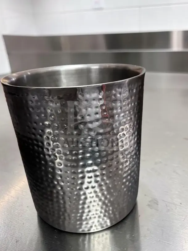 Hammered Silver-Finish Metal Container, 12.25" round, open-top, decorative vessel. Excellent condition, fully inspected.
