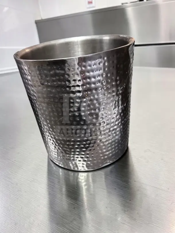 Hammered Silver-Finish Metal Container, 12.25" round, open-top decorative vessel, excellent condition, fully inspected.