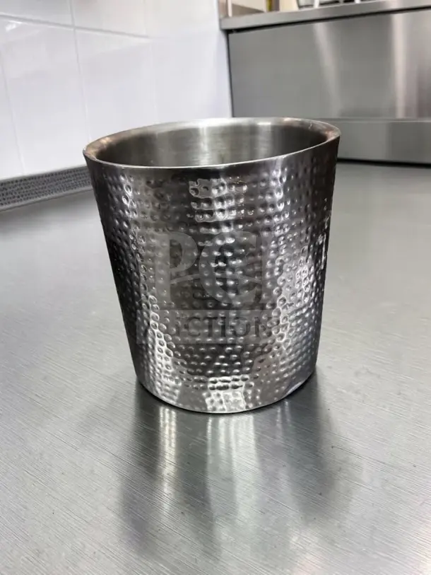 Hammered silver-finish metal container, 12.25" round, open-top decorative vessel, remarkable condition.