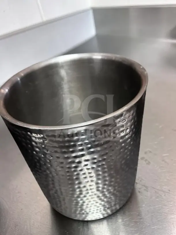 Hammered Silver-Finish Metal Container, 12.25″ round, open-top decorative vessel, remarkable condition, inspected and ready for use.