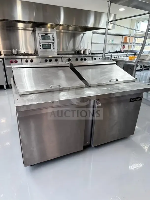Continental Refrigerator DL60-24M, 60" two-door sandwich prep table, superior condition, fully tested, 17 cu. ft. capacity.
