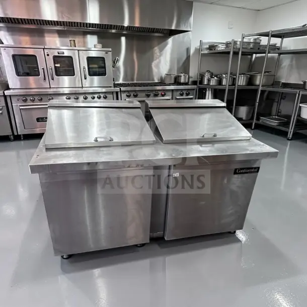 Continental DL60-24M 60" two-door refrigerated prep table, 17 cu. ft., stainless steel, excellent condition, fully tested.