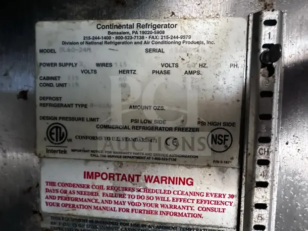 Label on Continental Refrigerator DL60-24M showing specs and safety warnings; model is 60" two-door sandwich prep table.