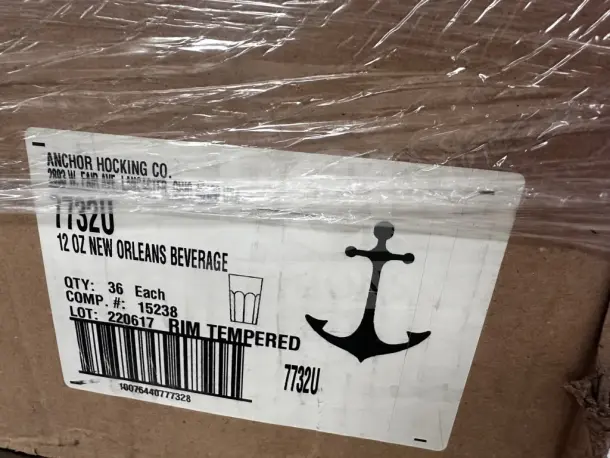 Pristine Anchor Hocking 7732U New Orleans 12 oz rim-tempered glasses, new in original cases, ready for commercial use.