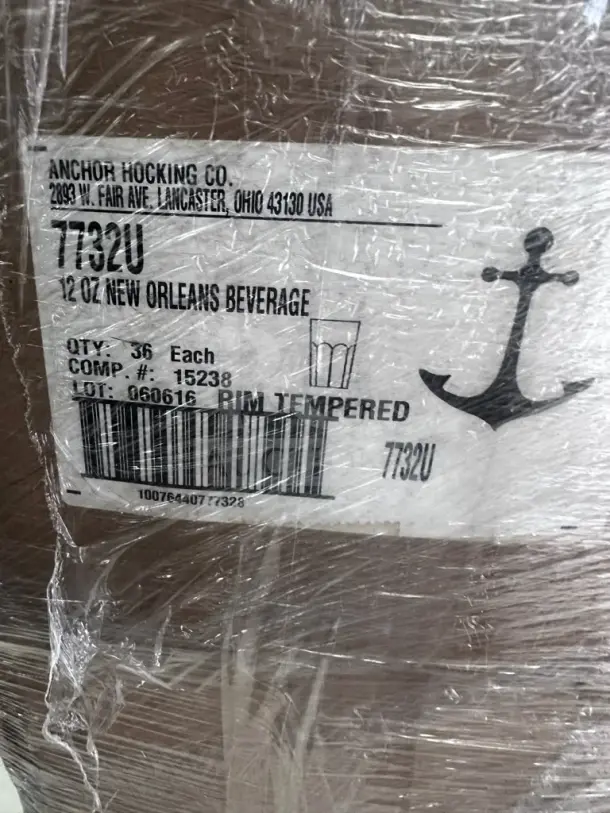 Pristine Anchor Hocking 7732U New Orleans 12 oz. rim-tempered glasses, new in original cases, ready for commercial use.