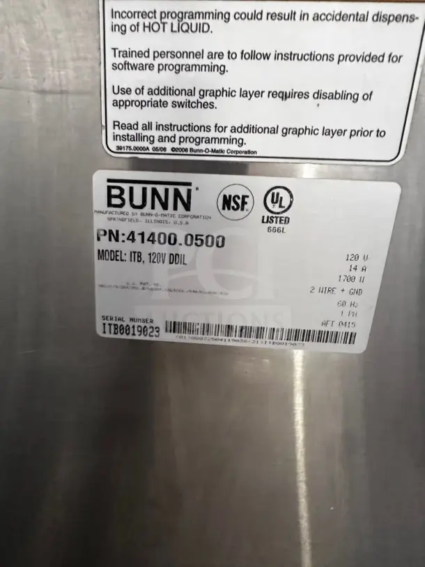 BUNN ITB Dual-Dilution 3-Gallon Iced Tea Brewer, Model 41400.0500, NSF & UL listed, serial ITB0019023, fully operational.