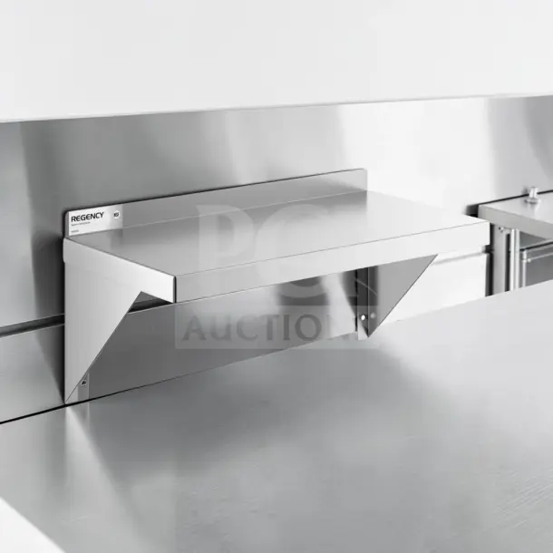 Regency 600WS1224 NSF stainless steel wall shelf, 24"x12", 210-lb capacity, new condition, with visible branding label.