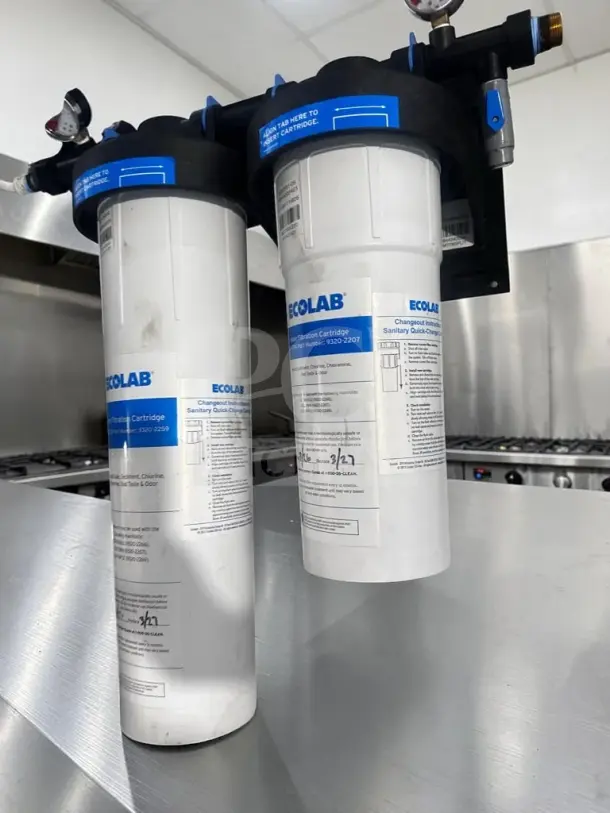 Ecolab 9320-2268 Split Twin water filtration system; ECO-TO20S and ECO-TO14 cartridges; dual pressure gauges; inspected.