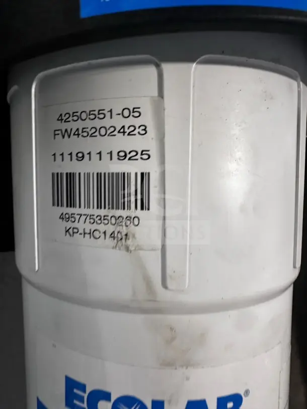 Ecolab 9320-2268 cartridge with barcode and product codes. Part of a dual-outlet water filtration system.