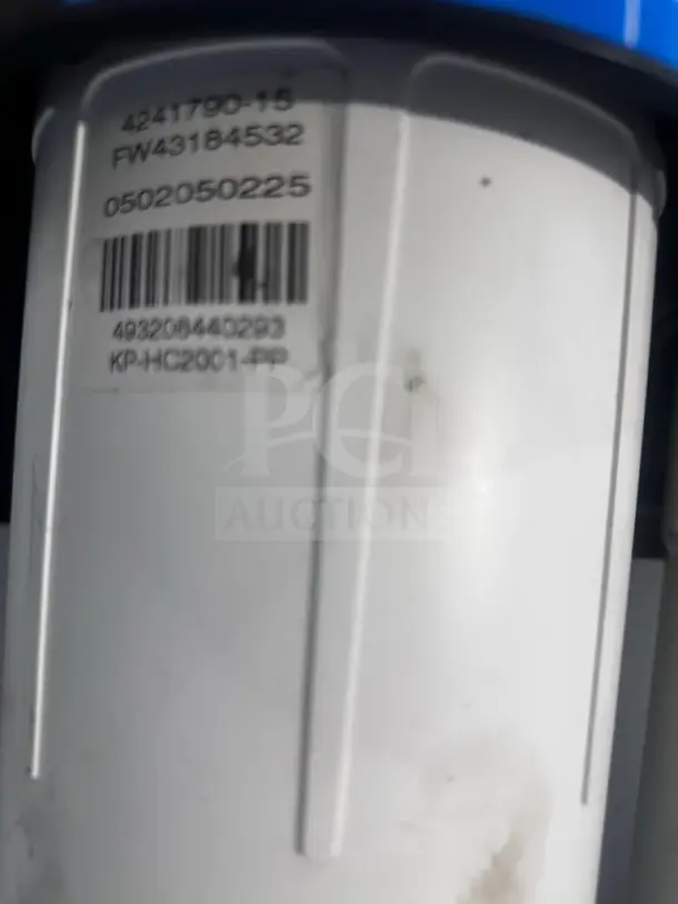 Ecolab 9320-2268 Split Twin water filter with ECO-TO20S, ECO-TO14 cartridges, dual pressure gauges; label with serial number visible.