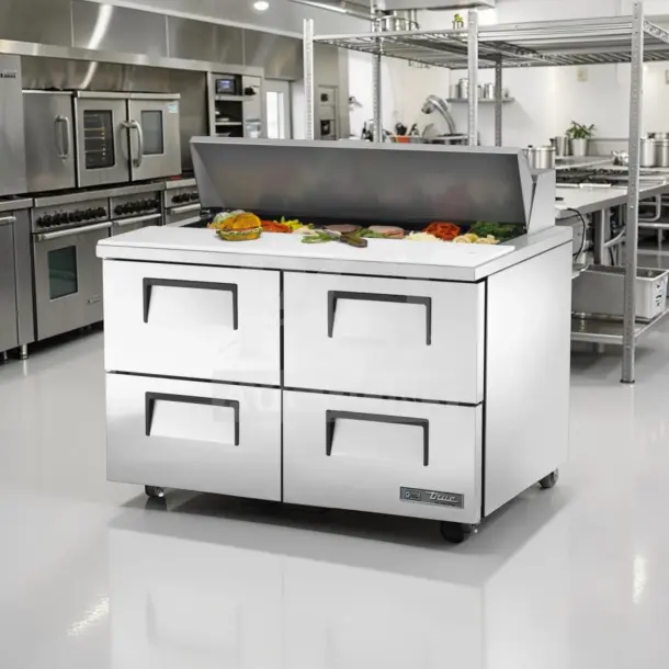True TSSU-48-12D-4 48" sandwich prep table, four drawers, 12-pan refrigerated top, superb condition, 115V, fully tested.