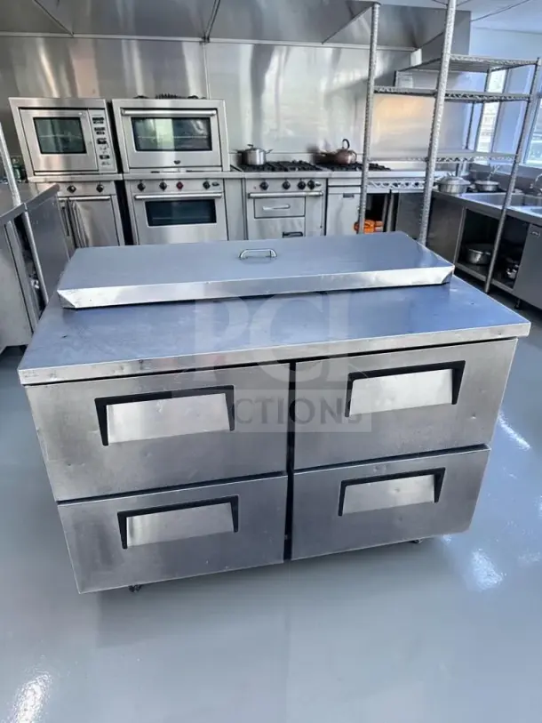 True TSSU-48-12D-4 prep table, four drawers, 48" width, refrigerated top for 12 pans, excellent condition, 115V.