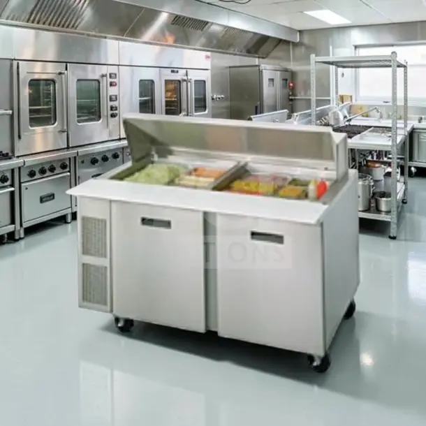 Randell 9040K-7 60" two-door prep table, 24-pan capacity, stainless steel, superior condition, fully tested.