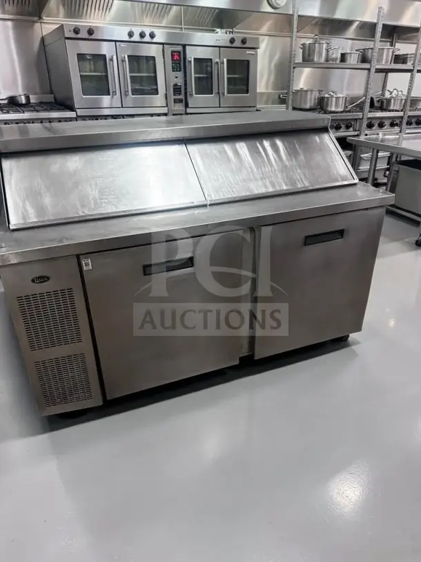 Randell 9040K-7 prep table, 60", two-door, stainless steel, superior condition, 24-pan-capacity, refrigerated top.