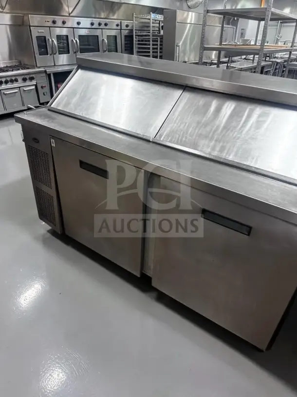 Randell 9040K-7, 60" two-door mega sandwich/salad prep table, 24-pan capacity, excellent condition, stainless steel.