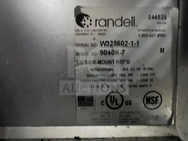 Randell 9040K-7 label details, including serial number W325602-1-1, 115V operation, UL and NSF certifications visible.