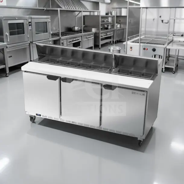 Beverage-Air SP72-18 three-door prep table with 18-pan refrigerated top, 72", stainless steel, fully tested, 115V.