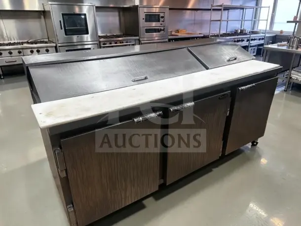 Beverage-Air SP72-18, 72" three-door sandwich prep table, 18-pan refrigerated top, stainless steel, fully operational.