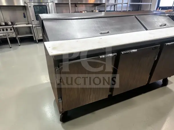 Beverage-Air SP72-18 sandwich prep table, 72", 3 doors, 18-pan refrigerated top, stainless steel, tested operational.