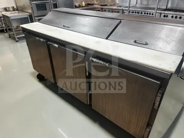 Beverage-Air SP72-18 prep table, 72" three-door, refrigerated top for 18 pans, stainless steel, tested, operational.