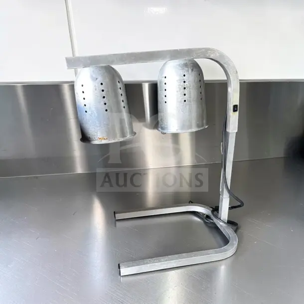 Winco EHL-2 commercial two-bulb infrared food heat lamp, adjustable aluminum frame, tested, freestanding, 120V, 500W.