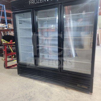True GDM-72F-HC commercial 3-door glass merchandiser freezer, tested and working, ideal for stores and kitchens.