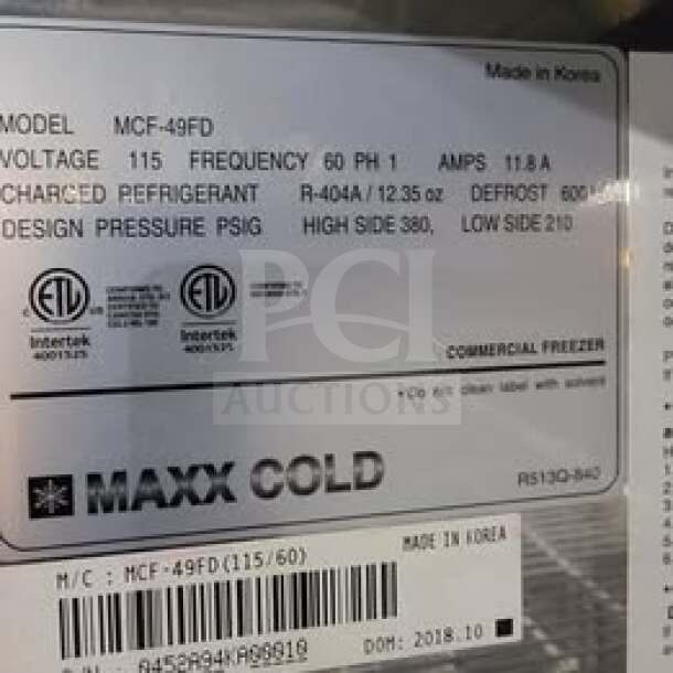 Maxx Cold MCF-49FD commercial freezer label, detailing model, voltage, frequency, refrigerant, and certification marks.