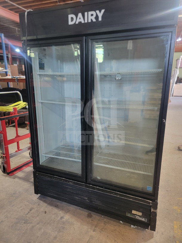 True GDM-49-HC 2-door glass merchandiser refrigerator, black frame, excellent condition, ideal for commercial use.