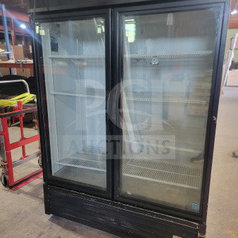 True GDM-49-HC 2-door glass merchandiser refrigerator, black frame, excellent condition, ideal for commercial use.