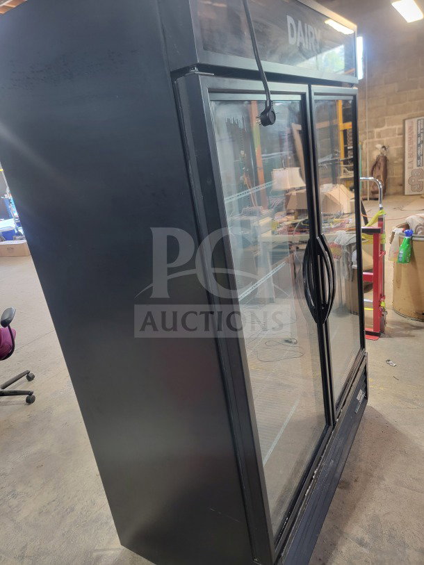 True GDM-49-HC commercial 2-door glass merchandiser refrigerator, black finish, tested and working, ideal for display.