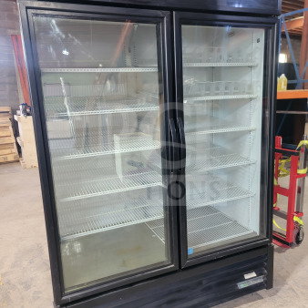 True GDM-49-HC 2-door glass refrigerator, excellent condition, branded "COLD DRINKS," serial 9596595, fully functional.