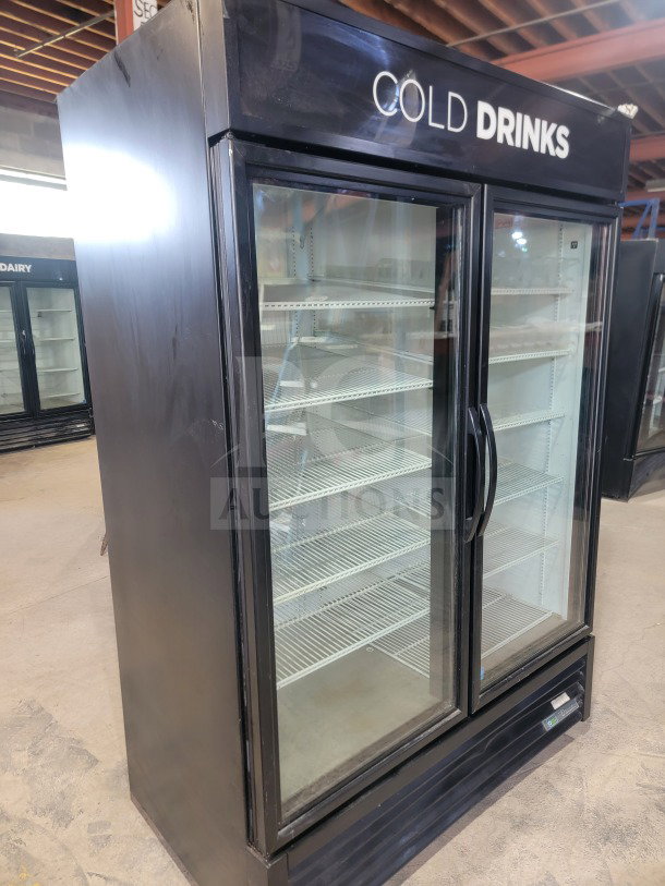True GDM-49-HC 2-door glass merchandiser refrigerator, black exterior, "COLD DRINKS" label, fully tested and working.
