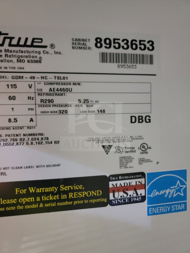 True GDM-49-HC 2-door glass merchandiser refrigerator label, featuring model, serial number, and Energy Star certification.