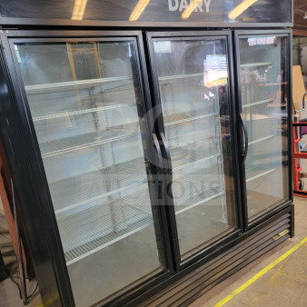True GDM-72-HC 3-Door Glass Merchandiser Refrigerator, black, excellent condition, "DAIRY" label, spacious shelves.