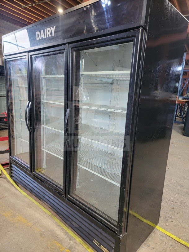 True GDM-72-HC 3-door glass merchandiser refrigerator in black, excellent condition, labeled "Dairy."