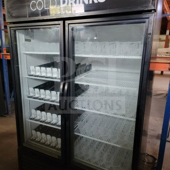 True GDM-49-HC 2-door glass merchandiser refrigerator, "COLD DRINKS" label, tested and working, ideal for commercial use.