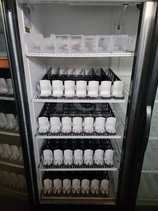 True GDM-49-HC 2-door glass merchandiser refrigerator, tested, excellent condition, ideal for commercial display use.