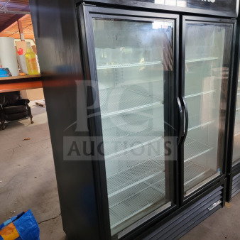 True GDM-49-HC 2-door glass merchandiser refrigerator, black, tested, fully working, ideal for commercial display.