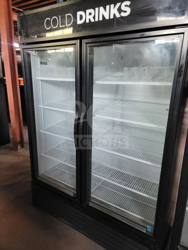 True GDM-49-HC 2-Door Glass Merchandiser Refrigerator, tested, working, ideal for commercial display, "COLD DRINKS" label.