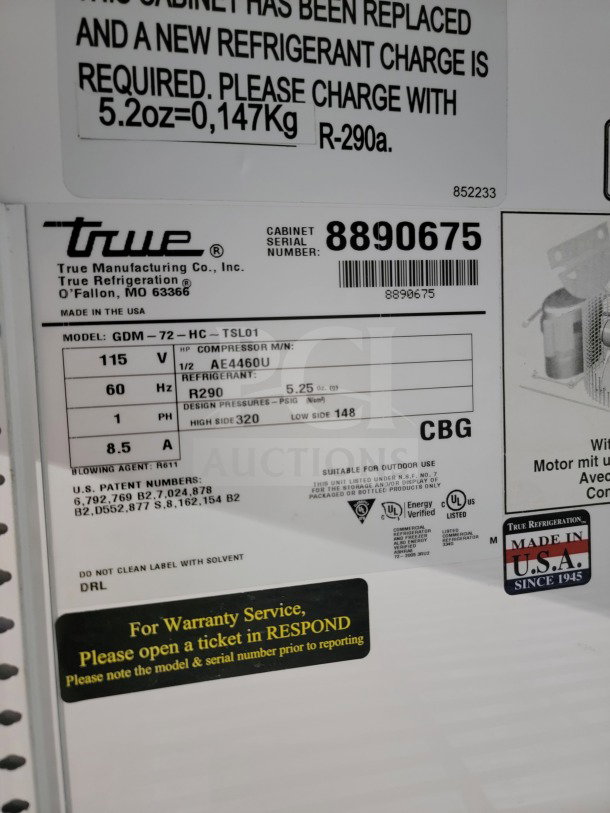 True GDM-72-HC Commercial 3-Door Glass Merchandiser Refrigerator, model GDM-72-HC-TSL01. Serial No. 8890675. Made in USA.