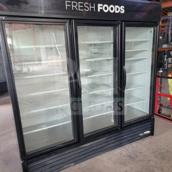 True GDM-72-HC 3-door glass merchandiser refrigerator, commercial-grade, tested and working, ideal for displaying fresh products.