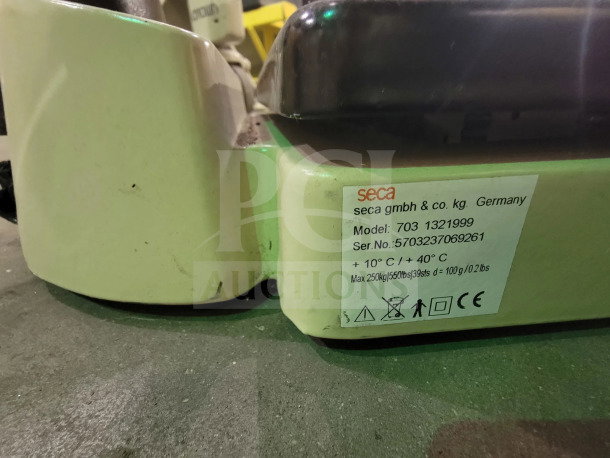 SECA 703 digital scale, 550 lb capacity, cast-iron base, BMI/hold/tare functions, battery-powered, wheels for mobility.