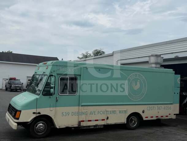 1999 Chevrolet P30 food truck with full commercial kitchen, green exterior, Bird & Co branding, located in Portland, Maine.