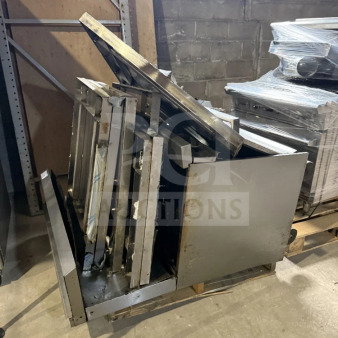 730 lb pallet of stainless steel scrap metal with structural pieces, panels, and shelving, stacked on a wooden pallet.